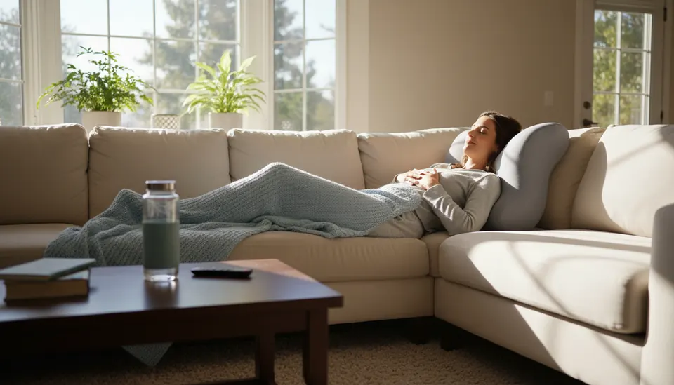 Wide-angle view of a person resting on a sofa with a water bottle and recovery pillow nearby.